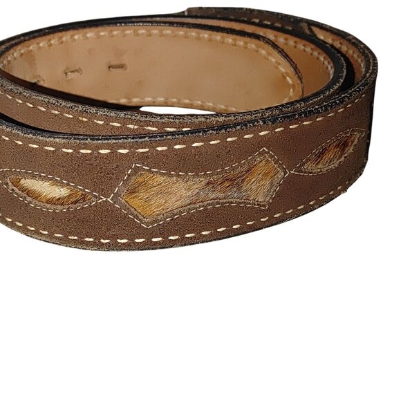 Vintage Justin Belt Western Leather Brown Deer Antler Buckle Size 28 Fur Inlay - Picture 2 of 11